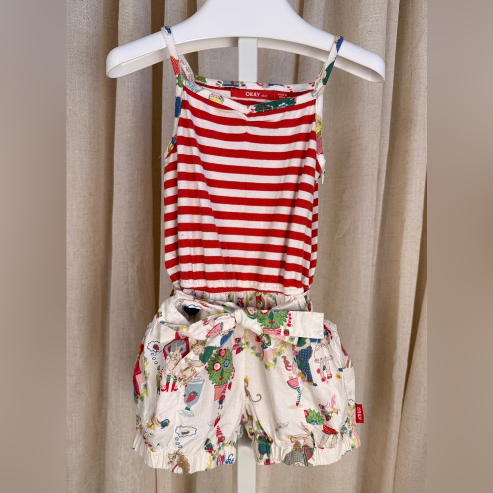 OILILY Red & White Striped Romper Children at Play Print Romper 2T NWOT